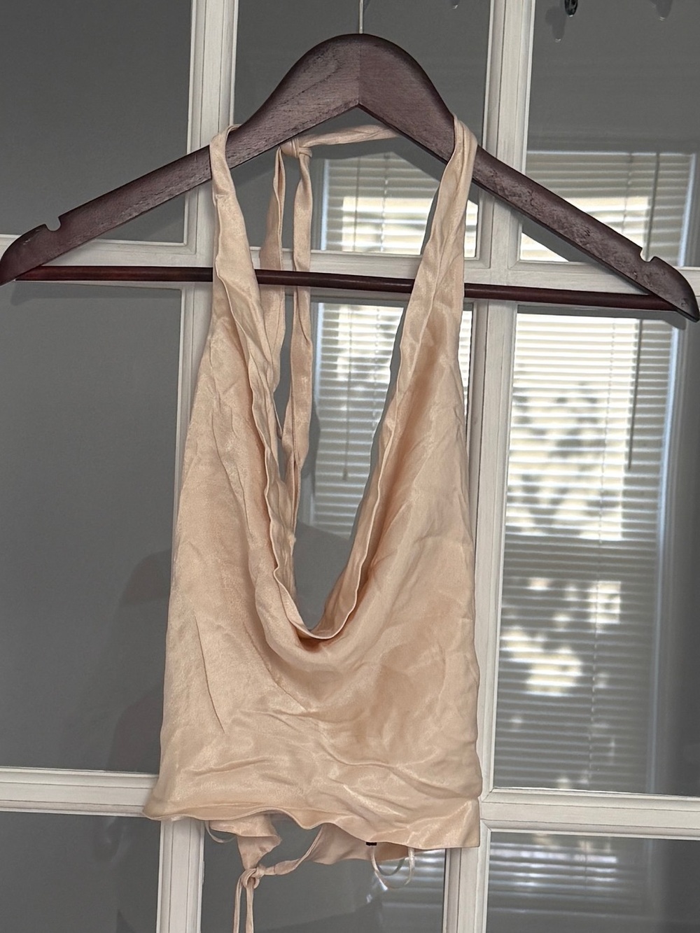 ZARA Women's Champagne Satin Drape Front Open Tie Back Halter Top Size M